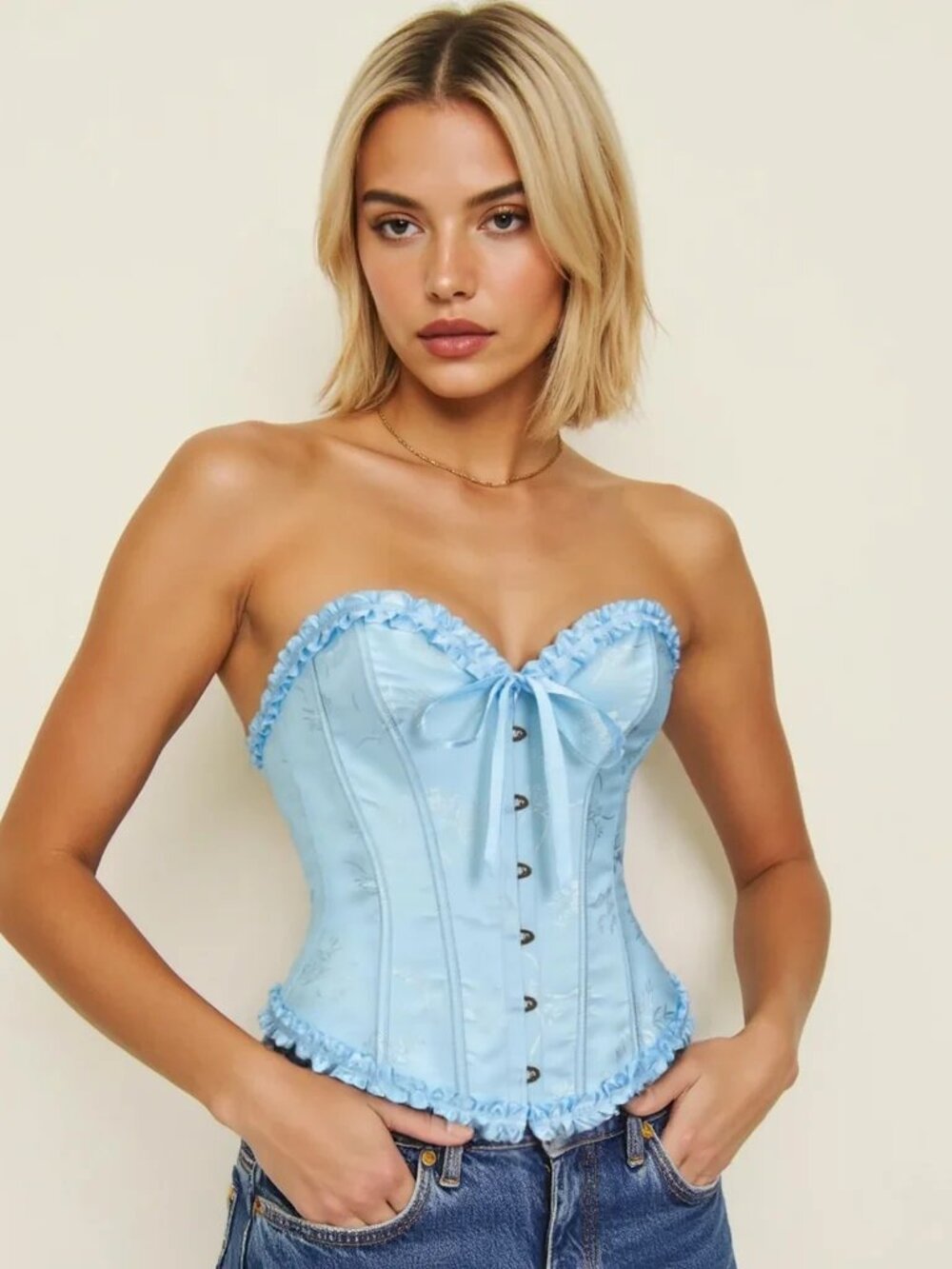 Women's Size Medium Blue Floral Corset Bustier Ruffle Trim